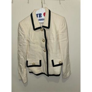 Vintage Barrie pace preppy off white cream wool tweed blazer black trim size 8
